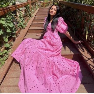 Zara Embroidery Puff Sleeve Eyelet Maxi Dress